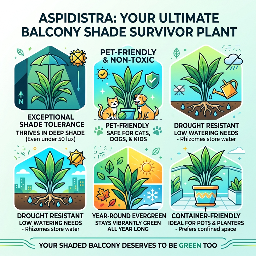 Aspidistra balcony benefits infographic: shade tolerance, pet safety, drought resistance, evergreen, container-friendly