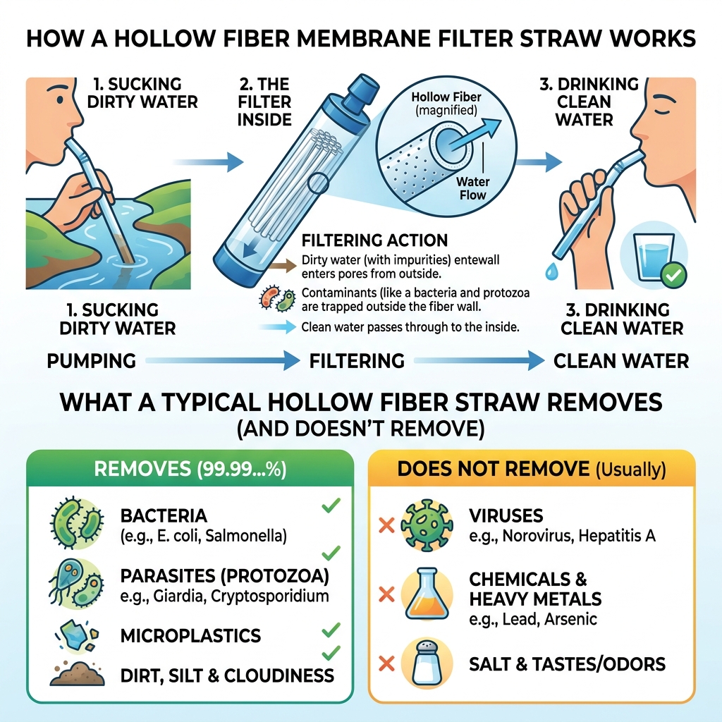 infographic showing how hollow fiber membrane filter straws work and what they remove - camping water filter straw infographic showing how hollow fiber membrane filter straws work and what they remove - camping water filter straw