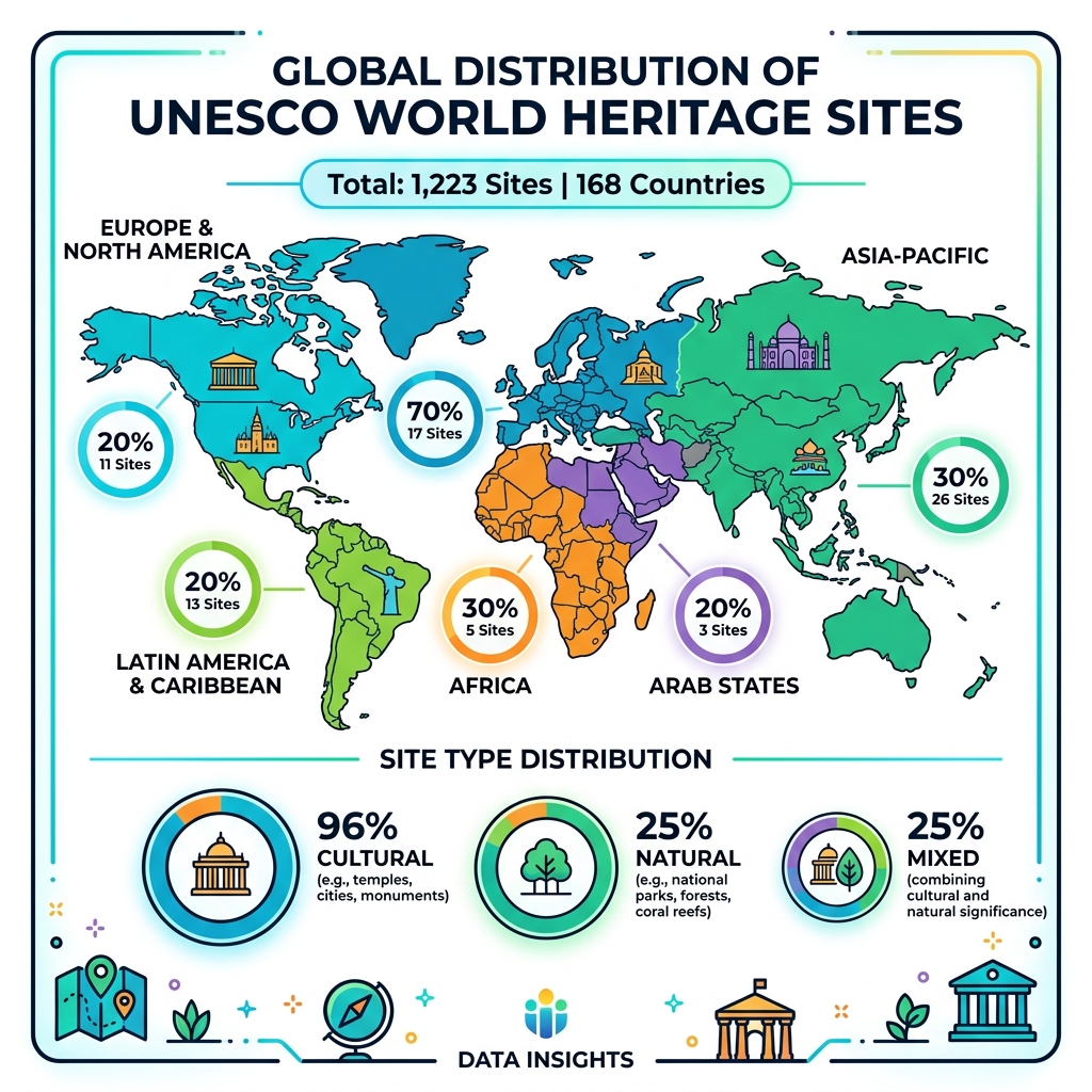 Distribution of 1,223 UNESCO World Heritage Sites across 168 countries by region and type - best solo heritage sites