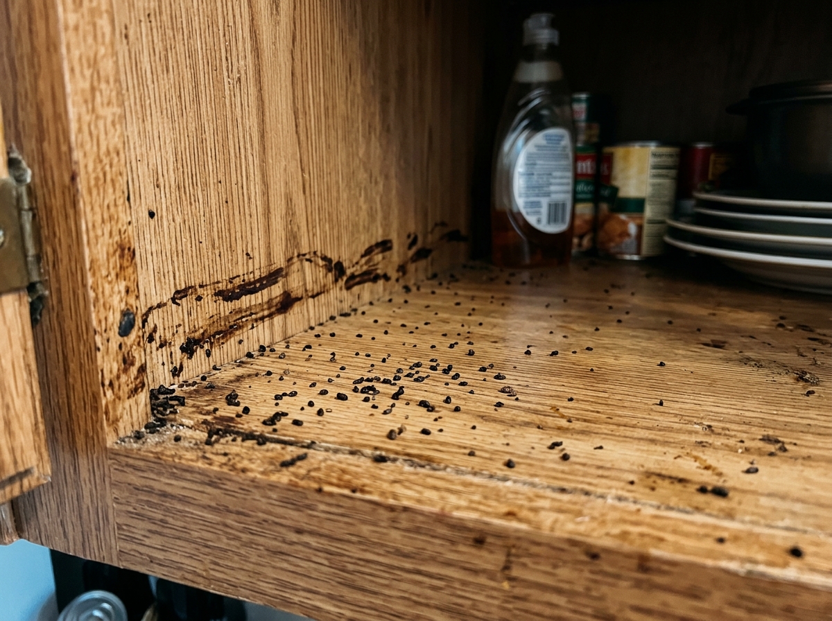 Cockroach smear marks and droppings in a kitchen cabinet - Cockroach exterminator Andover
