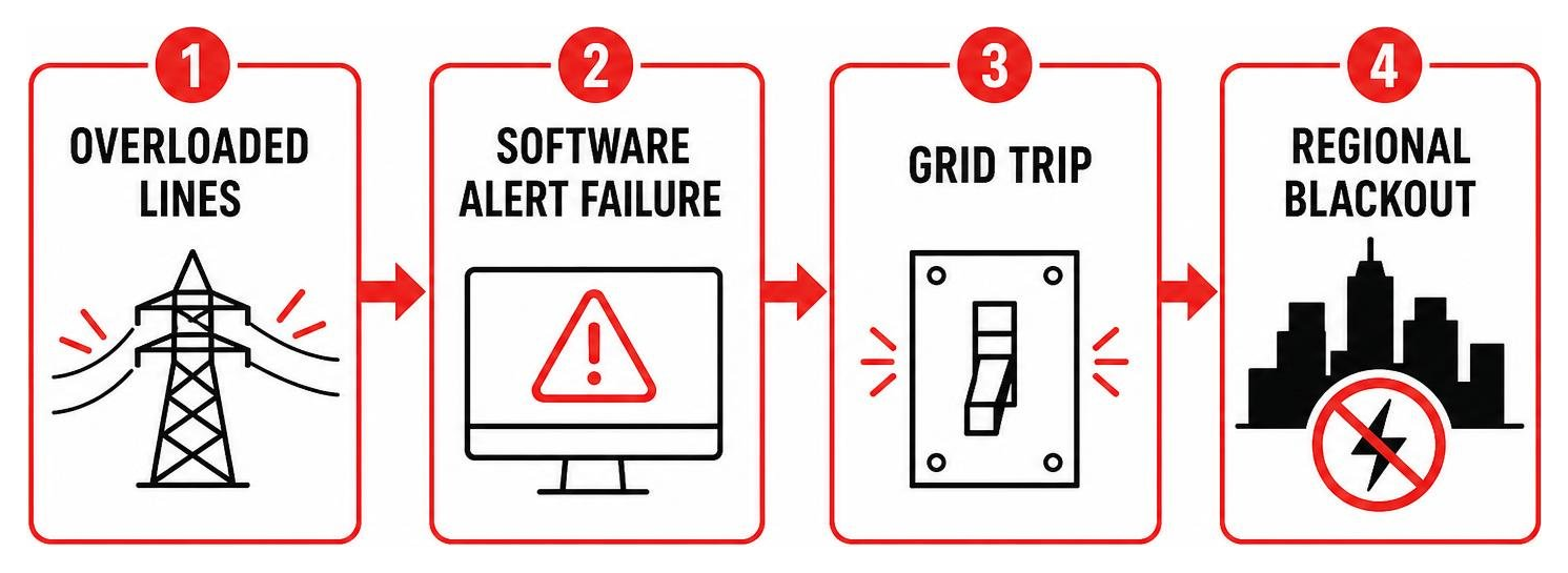 Cascading failure process: overloaded lines, software alert failure, grid trip, regional blackout Cascading failure process: overloaded lines, software alert failure, grid trip, regional blackout
