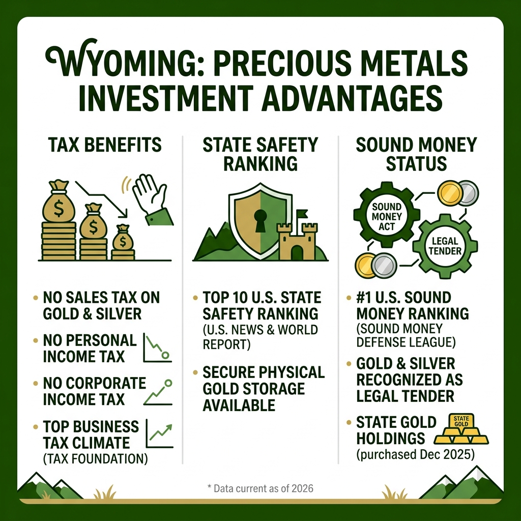 Wyoming precious metals investment advantages infographic showing tax benefits, safety ranking, and sound money status