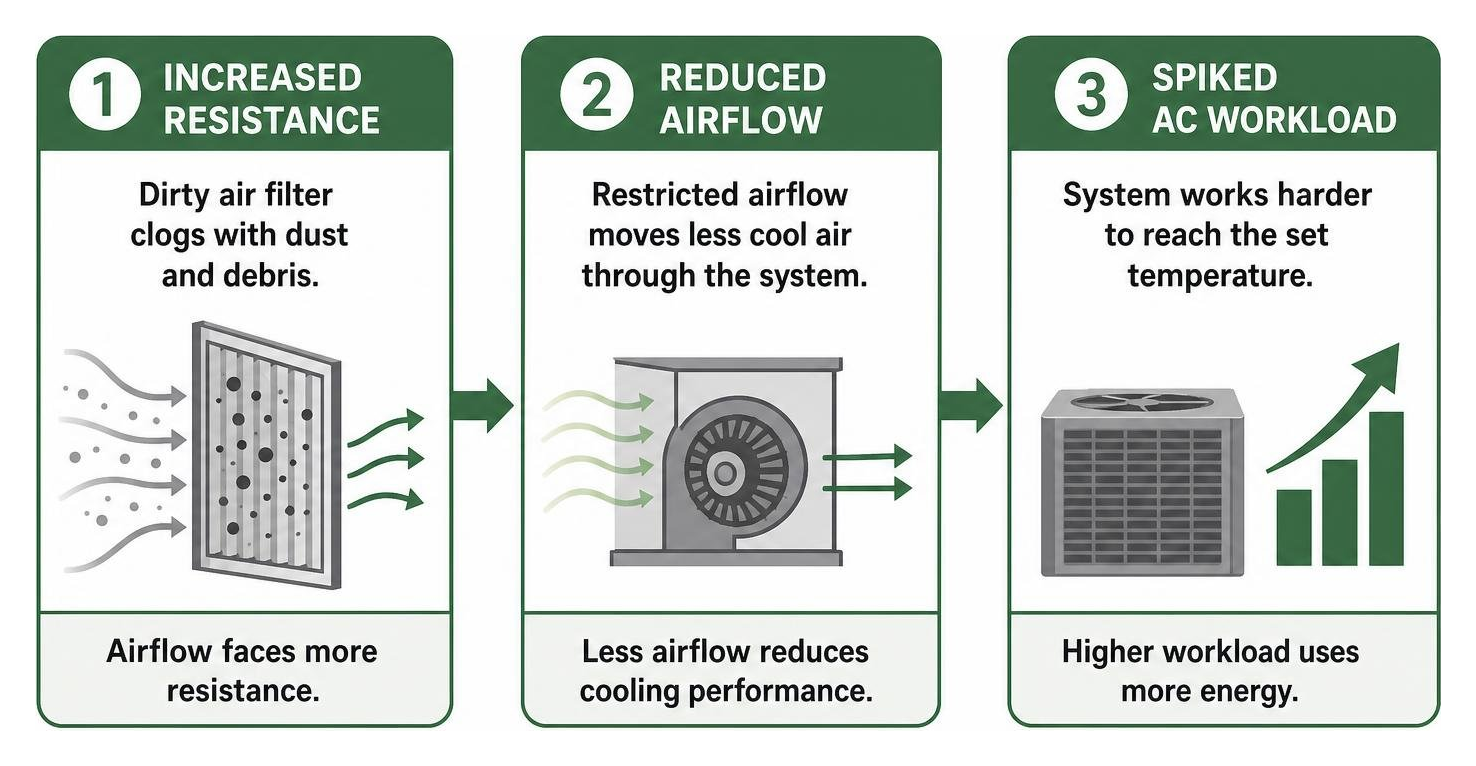 Diagram showing how dirty air filters increase resistance, drop airflow, and spike AC workload Diagram showing how dirty air filters increase resistance, drop airflow, and spike AC workload