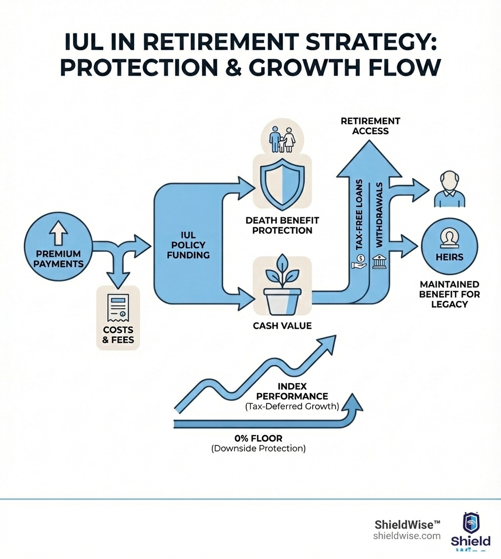 Infographic showing how IUL fits into a retirement strategy: Premium payments flow into policy, costs are deducted, remaining funds split between death benefit protection and cash value that grows tax-deferred based on index performance with 0% floor protection, then accessed via tax-free loans or withdrawals during retirement while maintaining death benefit for heirs - how iul fits into retirement strategy infographic Infographic showing how IUL fits into a retirement strategy: Premium payments flow into policy, costs are deducted, remaining funds split between death benefit protection and cash value that grows tax-deferred based on index performance with 0% floor protection, then accessed via tax-free loans or withdrawals during retirement while maintaining death benefit for heirs - how iul fits into retirement strategy infographic