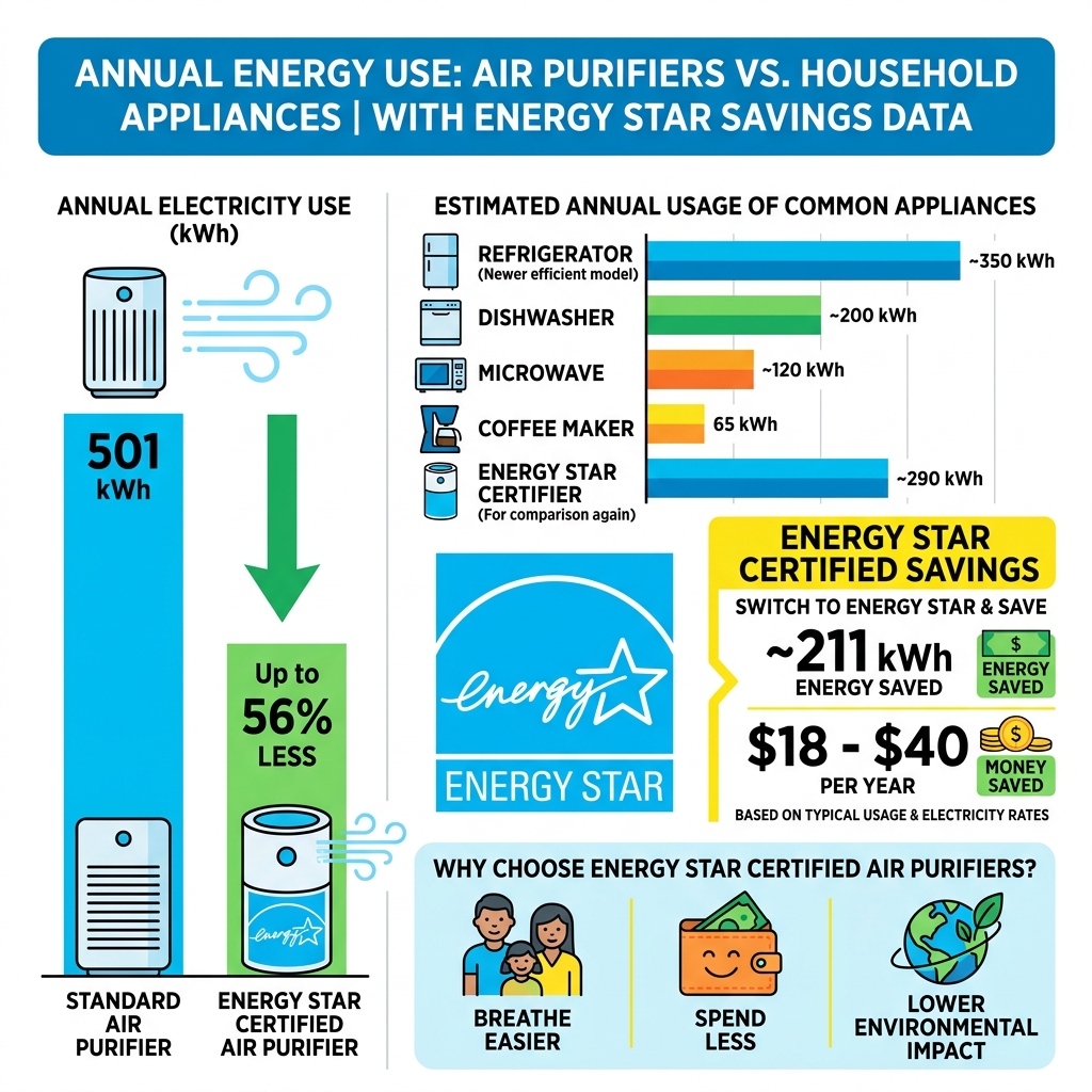Infographic comparing energy use of air purifiers vs common household appliances with ENERGY STAR savings data - energy Infographic comparing energy use of air purifiers vs common household appliances with ENERGY STAR savings data - energy