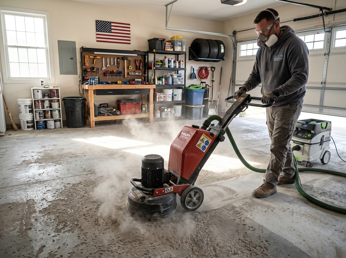 Professional diamond grinding of a concrete garage floor to prepare for epoxy coating - cost for garage epoxy flooring