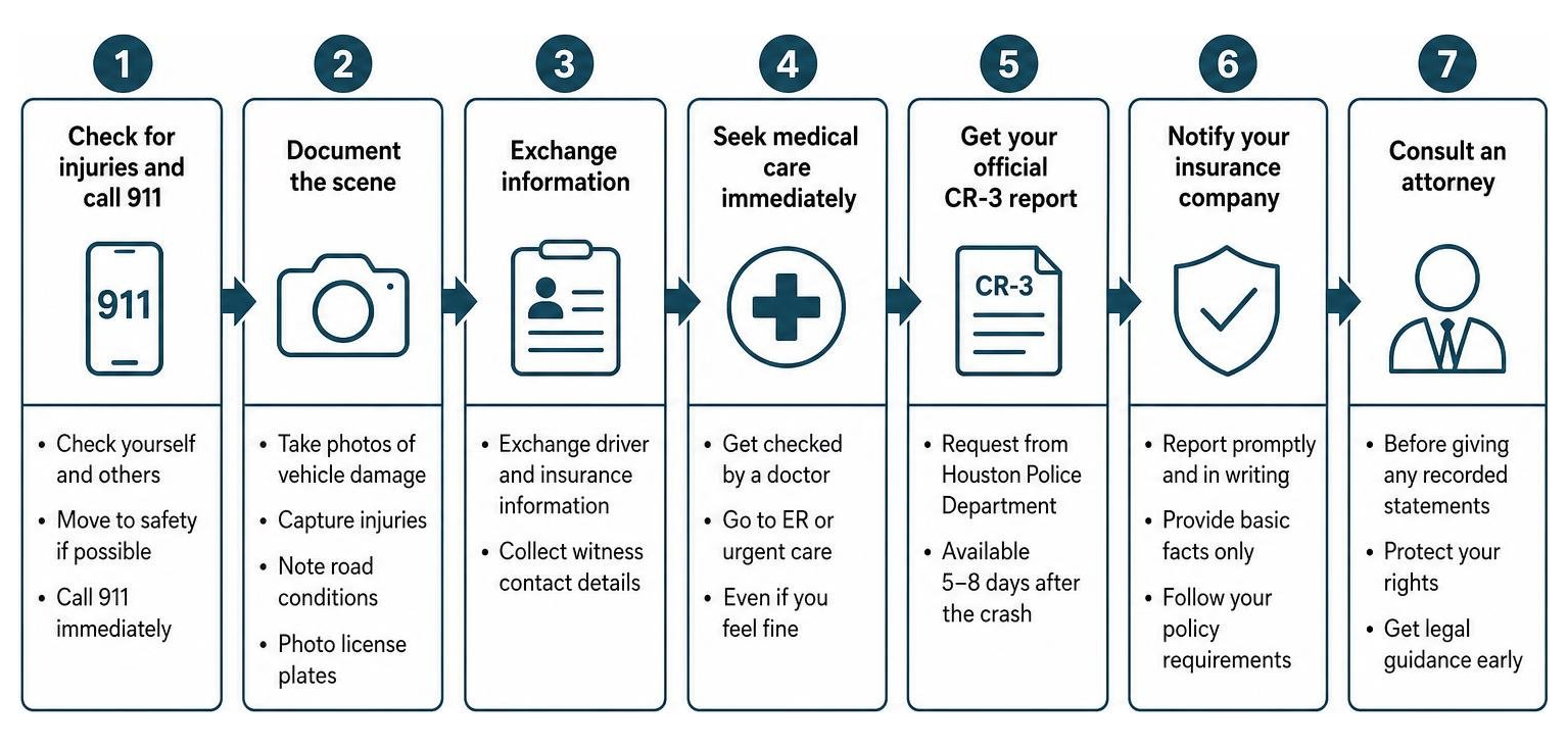 Steps to take after a Houston car accident and how to file an insurance claim Steps to take after a Houston car accident and how to file an insurance claim