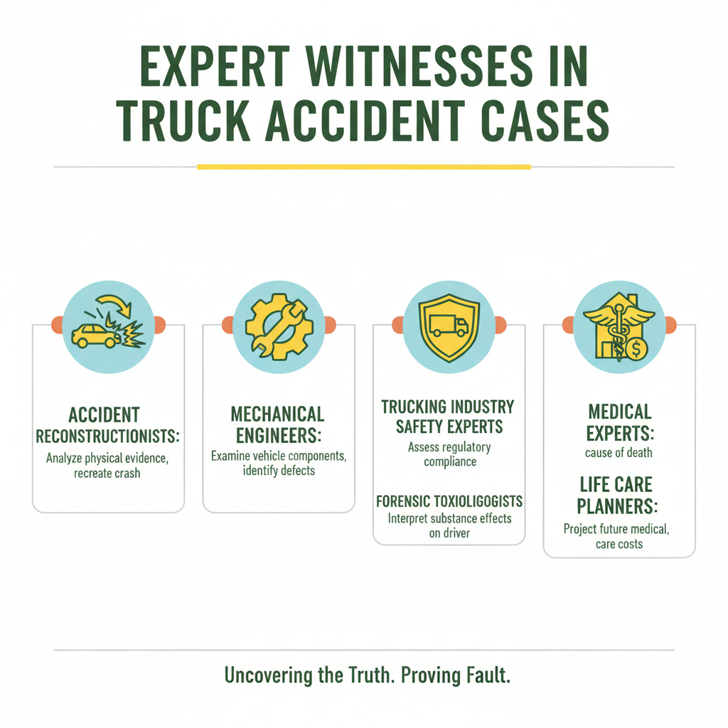 Infographic detailing types of expert witnesses in truck accident cases - Fatal truck accident attorney infographic 