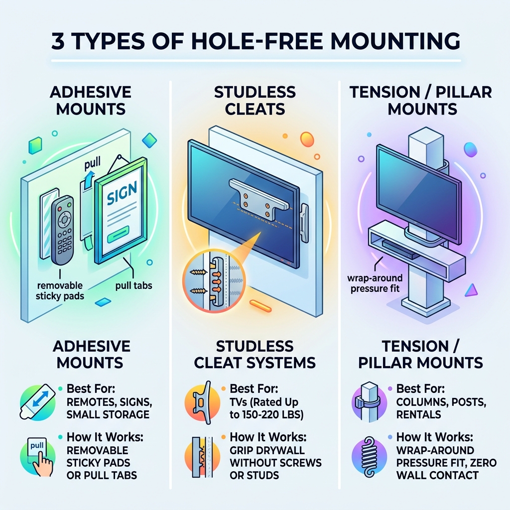 Three types of hole-free mounting: adhesive pads, studless cleats, and tension/pillar wrap-around systems - hole free wall Three types of hole-free mounting: adhesive pads, studless cleats, and tension/pillar wrap-around systems - hole free wall