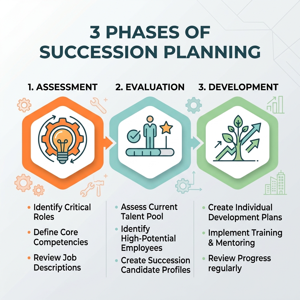 3 phases of succession planning: Assessment, Evaluation, and Development with key actions in each phase - How to succession