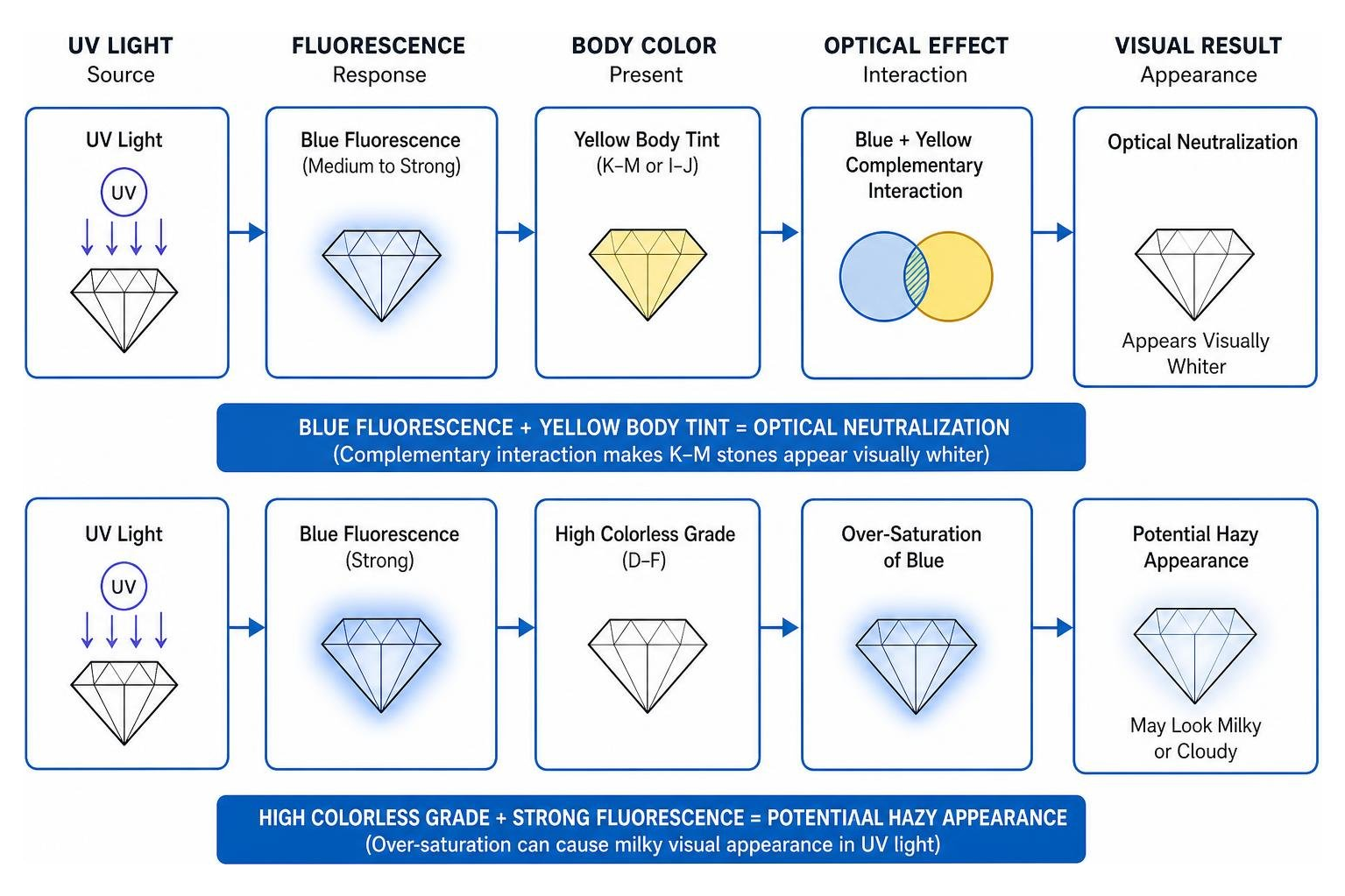 Conceptual diagram illustrating the optical effects of fluorescence on diamond body color