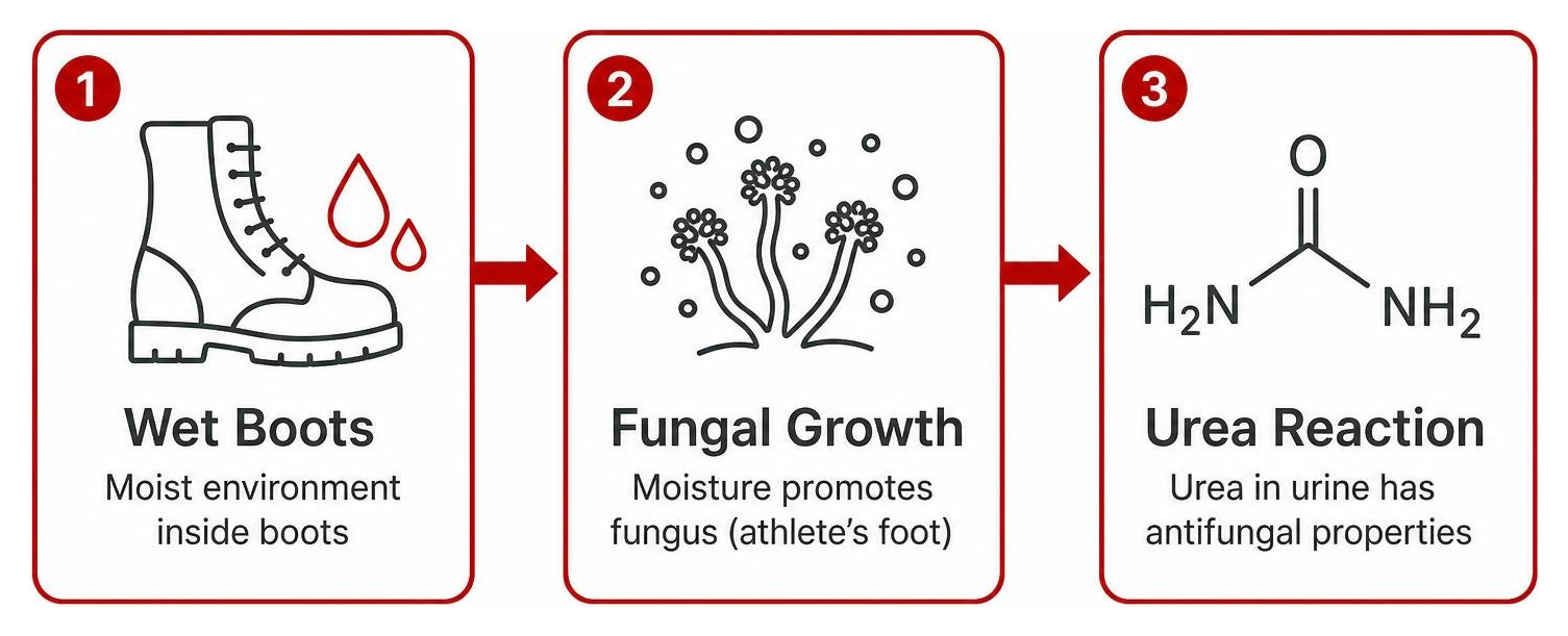 Cause and effect chain: wet boots to fungal growth to urea reaction