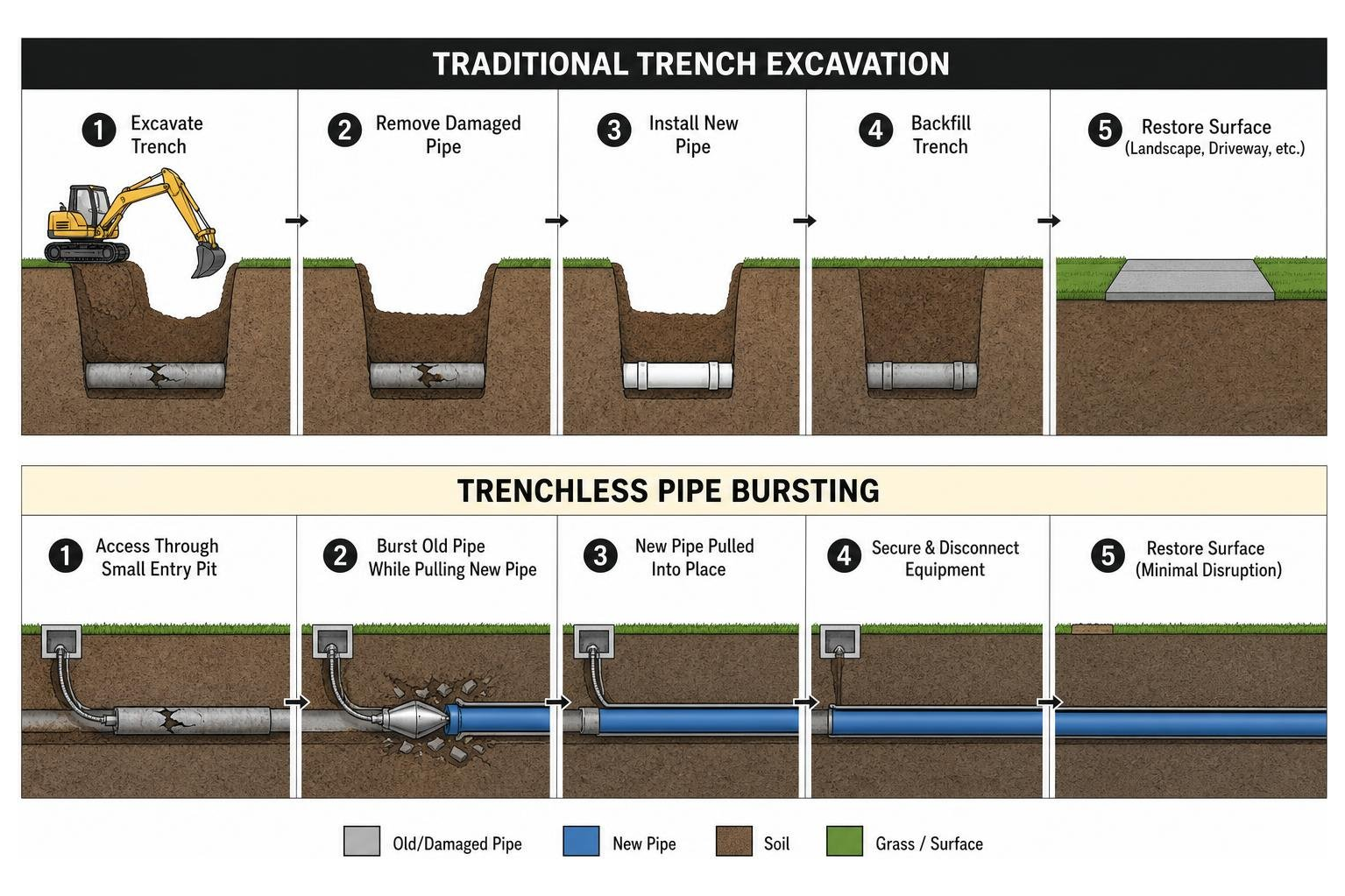 Diagram of traditional trench excavation vs trenchless pipe bursting repair methods Diagram of traditional trench excavation vs trenchless pipe bursting repair methods