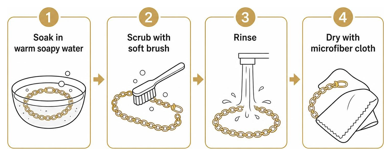 Step-by-step diagram showing gold cleaning: soak in warm soapy water, scrub with soft brush, rinse, and dry with microfiber Step-by-step diagram showing gold cleaning: soak in warm soapy water, scrub with soft brush, rinse, and dry with microfiber