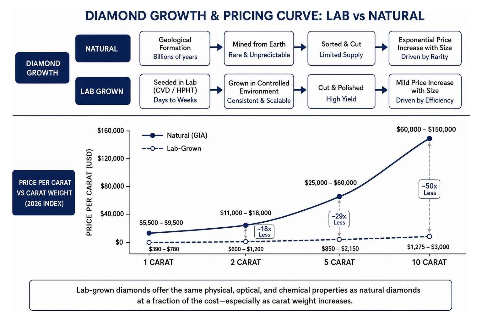 diagram of diamond growth and pricing curve comparing lab vs natural