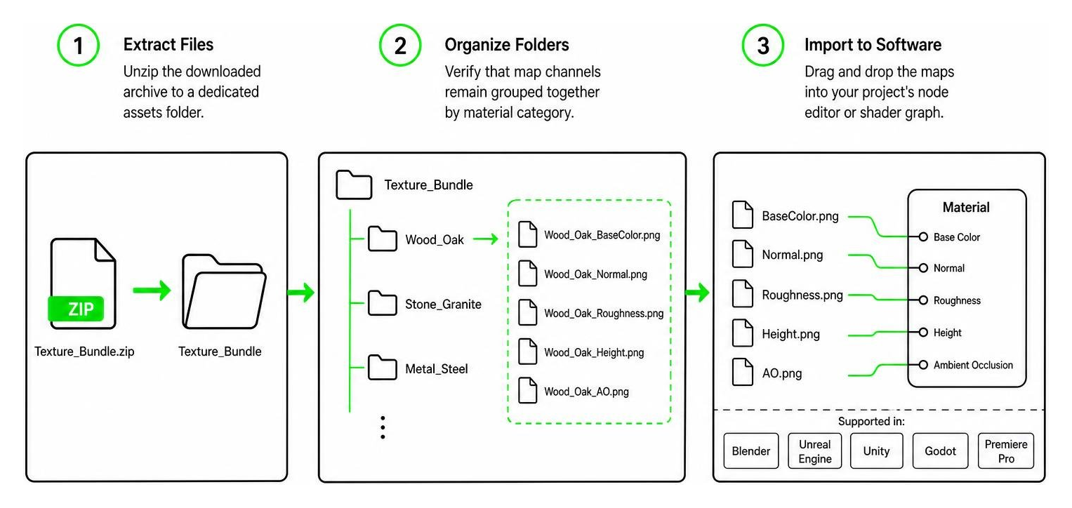Step-by-step installation diagram for extraction and folder structuring