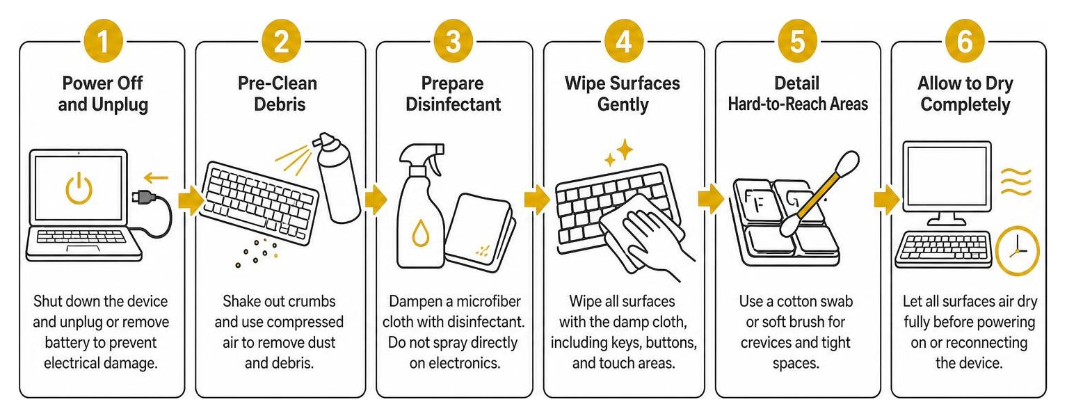 Step-by-step process for safely disinfecting office electronics without damage