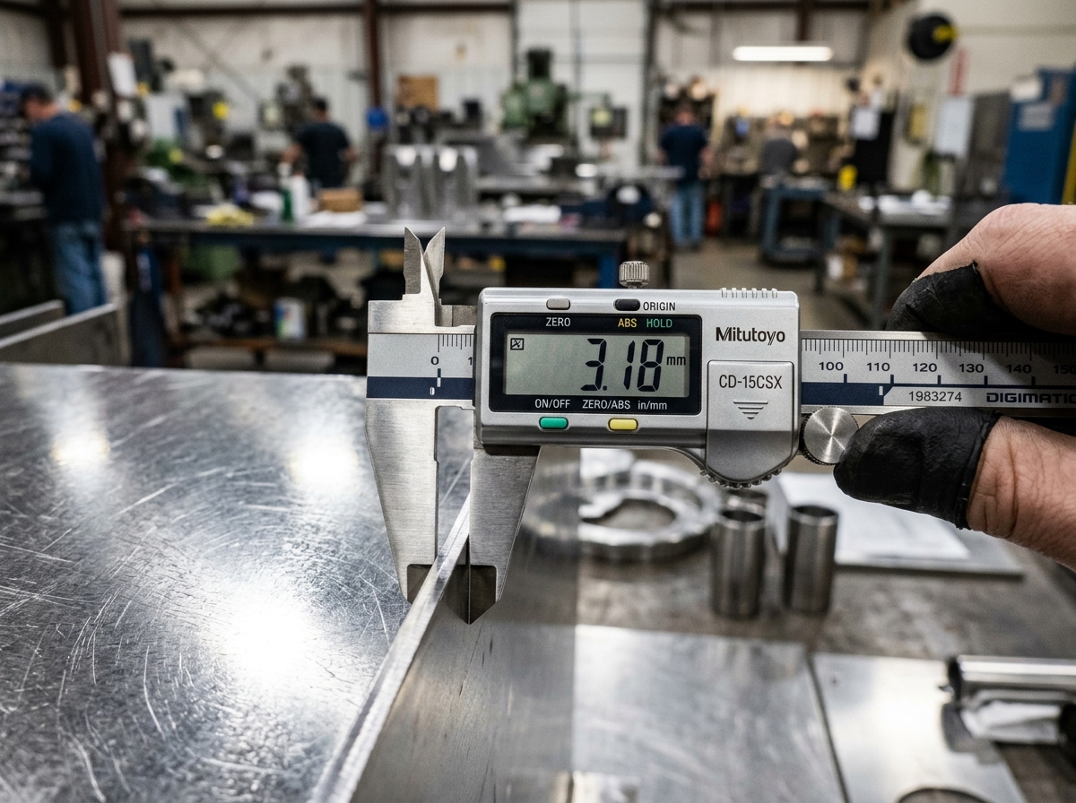 Close up of a digital caliper measuring the thickness of a stainless steel sheet - stainless steel sheet & plate Close up of a digital caliper measuring the thickness of a stainless steel sheet - stainless steel sheet & plate