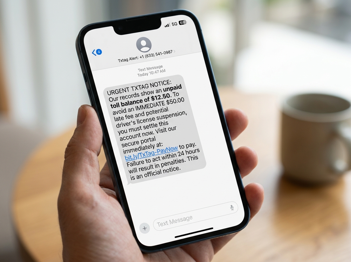 showing a fake TxTag alert with a suspicious link and high pressure tactics - texas dmv scam text