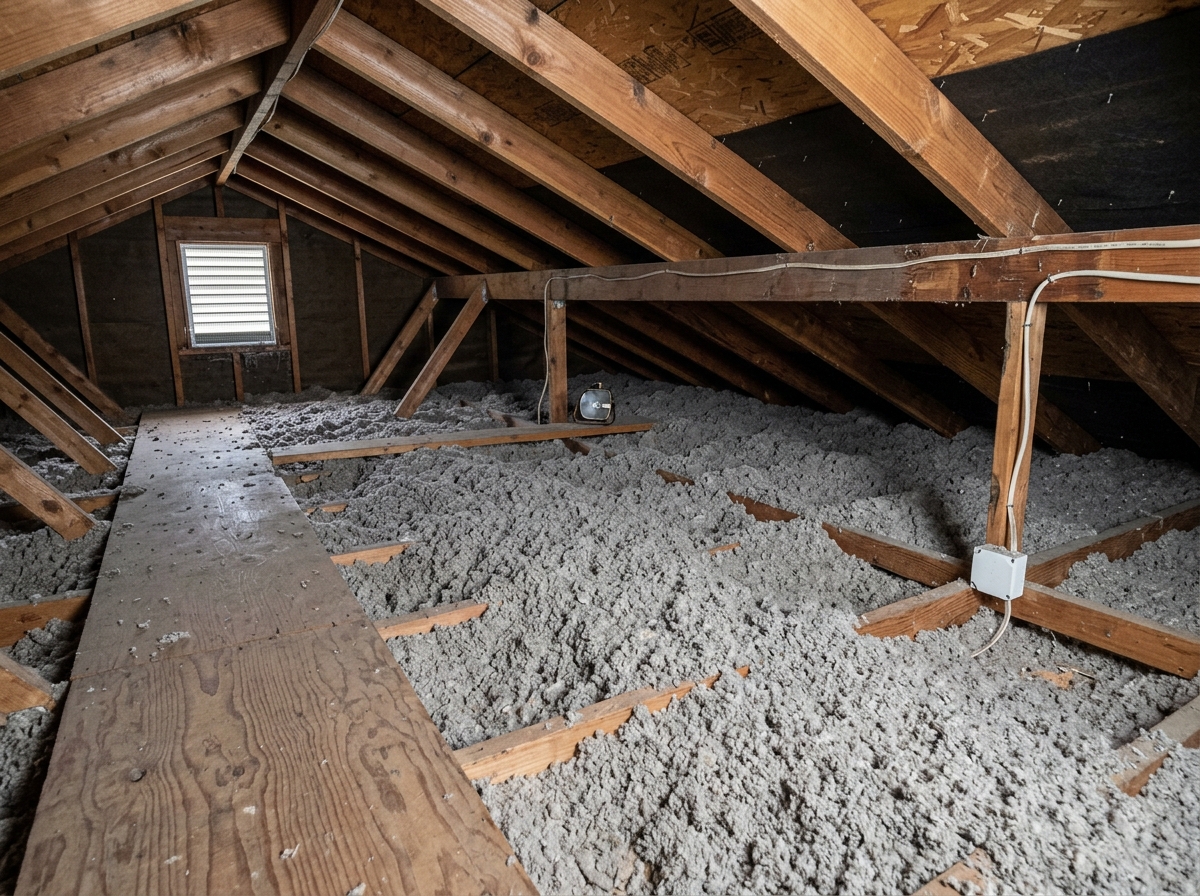 A thick layer of loose-fill insulation covering attic floor joists - best home insulation tips A thick layer of loose-fill insulation covering attic floor joists - best home insulation tips