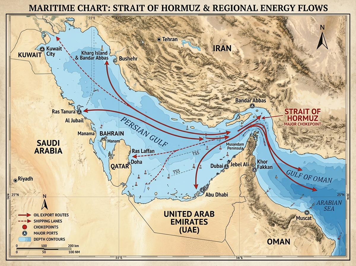 maritime map highlighting the Strait of Hormuz and regional energy hubs - oil prices market impact maritime map highlighting the Strait of Hormuz and regional energy hubs - oil prices market impact