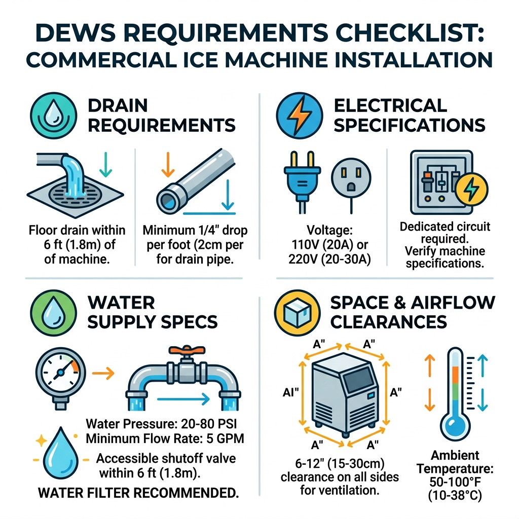 DEWS requirements checklist infographic: Drain, Electricity, Water, Space specs for commercial ice machine installation