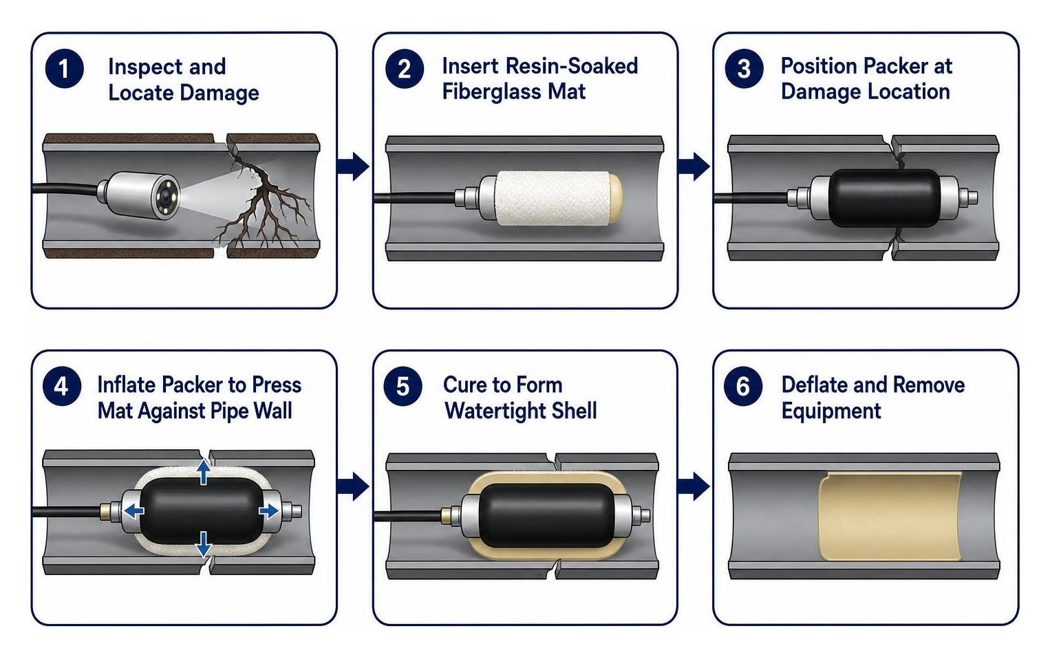 Trenchless sectional pipe patching workflow Trenchless sectional pipe patching workflow
