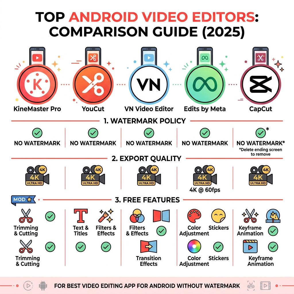 Comparison infographic of top Android video editing apps by watermark policy, export quality, and free features - best video