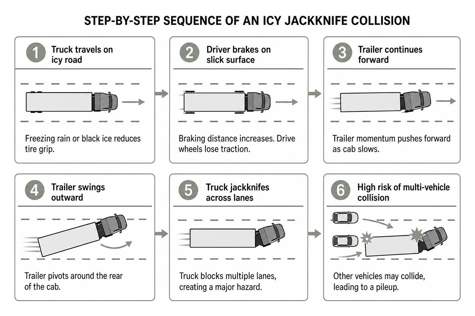 Step-by-step sequence of an icy jackknife collision Step-by-step sequence of an icy jackknife collision