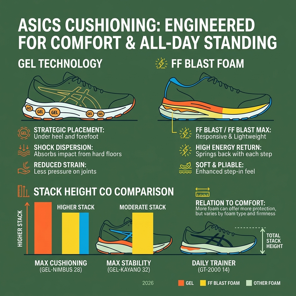 ASICS cushioning layers infographic showing GEL technology, FF BLAST foam, and stack height comparison - best asics shoes