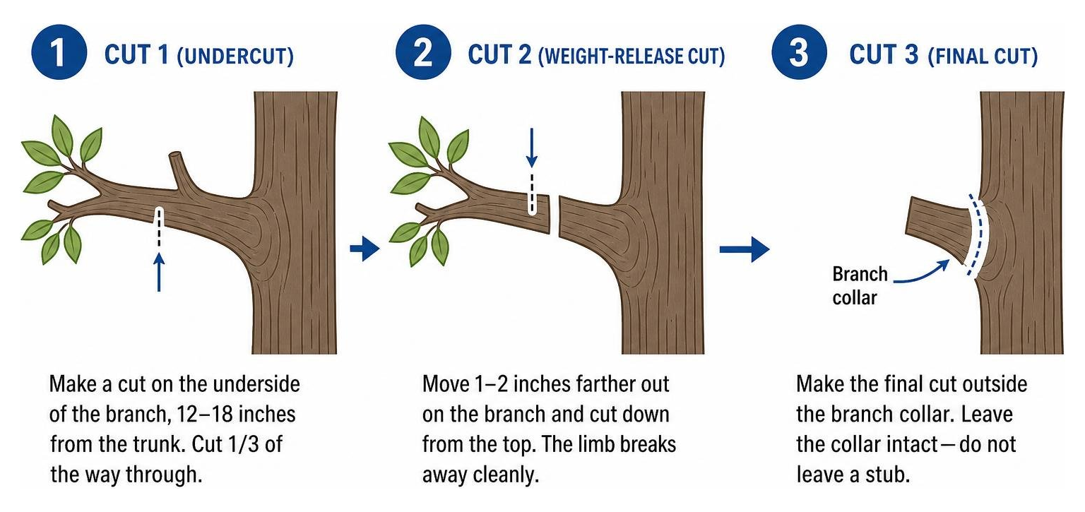 Three-cut method sequence for removing heavy tree limbs