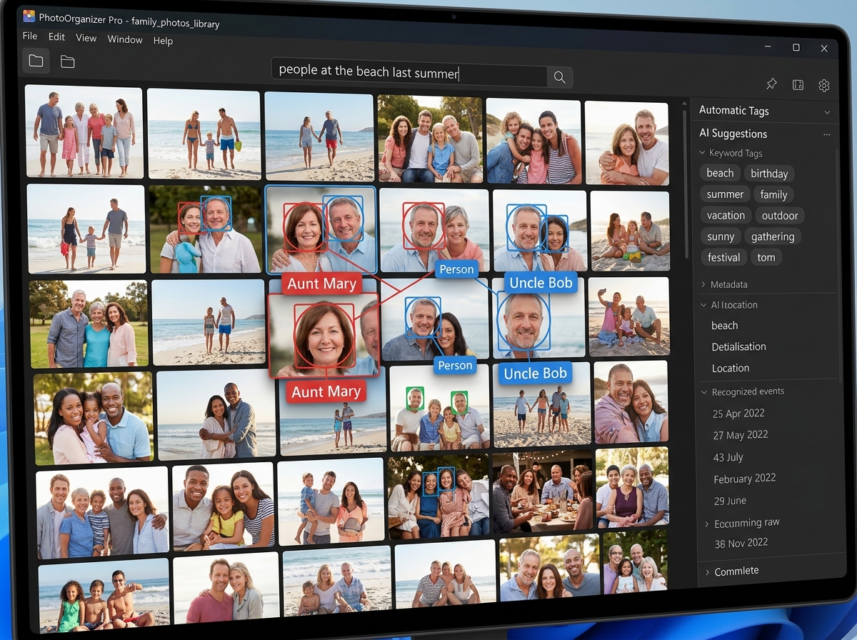 AI interface showing facial recognition and automatic tagging of a photo library - software to find and organize photos
