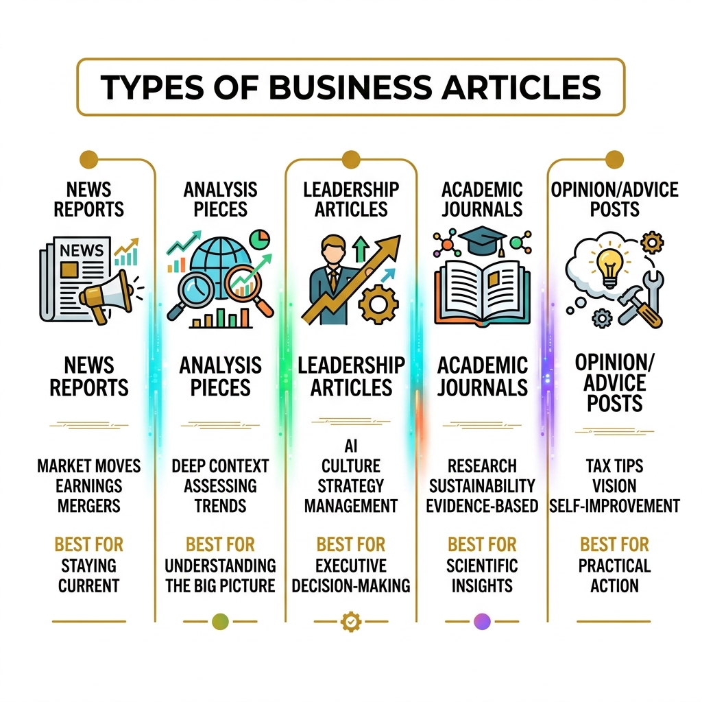 Types of business articles: news, analysis, leadership, academic, and advice formats explained - business articles examples