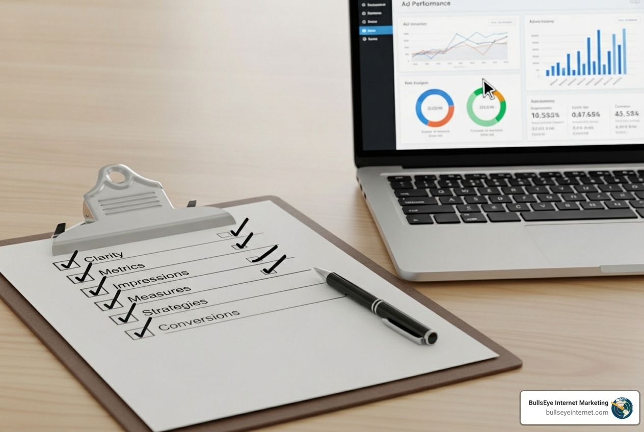 Checklist on clipboard with PPC metrics and performance graphs on laptop screen, emphasizing key areas for PPC audit strategy including clarity, metrics, impressions, measures, strategies, and conversions.
