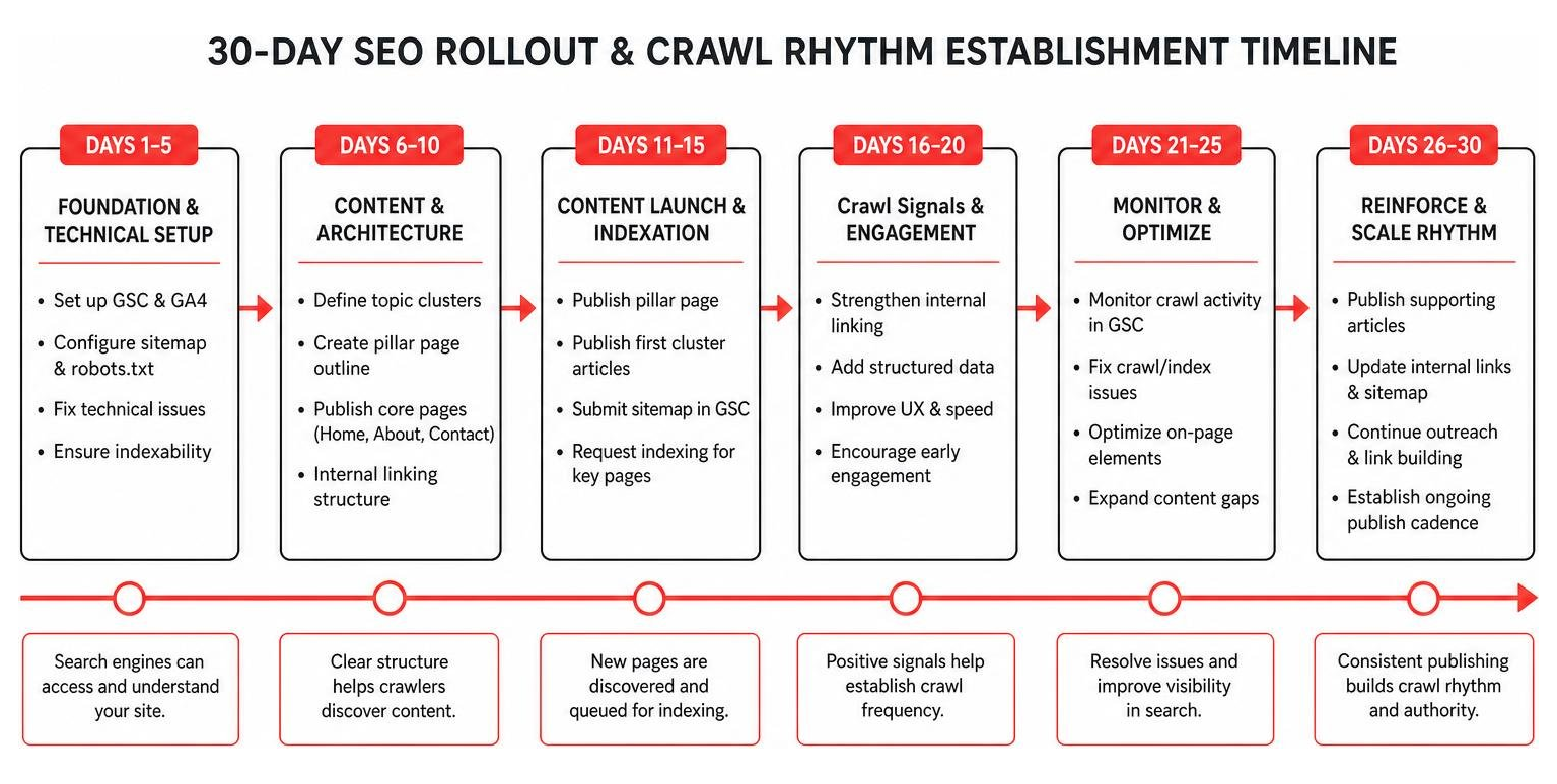 30-day SEO rollout and crawl rhythm establishment timeline