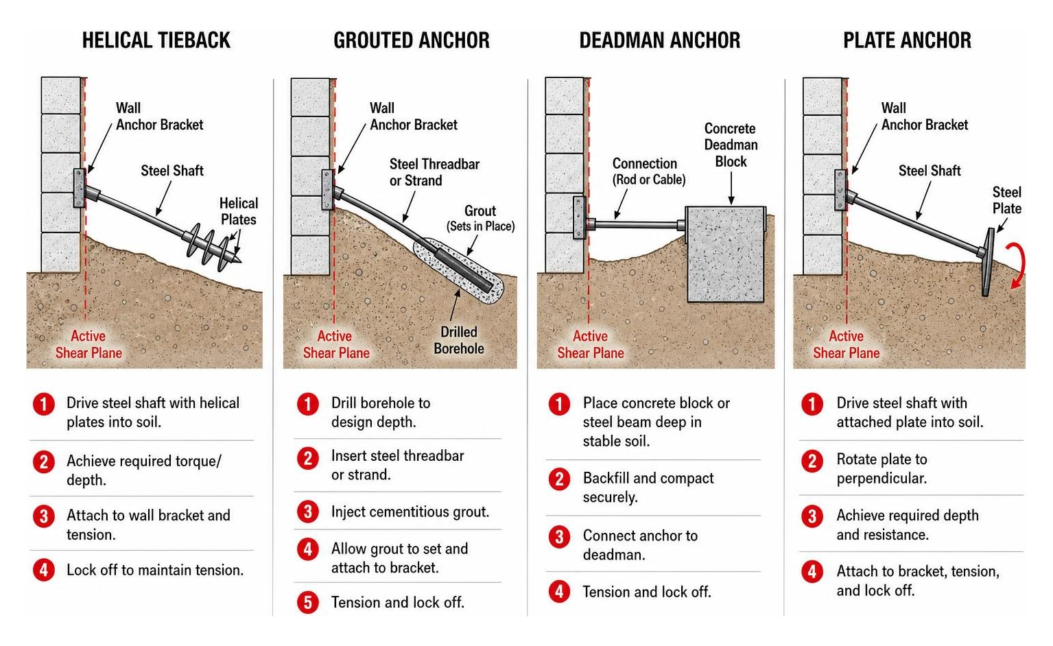 Comparison of helical tieback, grouted anchor, deadman anchor, and plate anchor installation Comparison of helical tieback, grouted anchor, deadman anchor, and plate anchor installation
