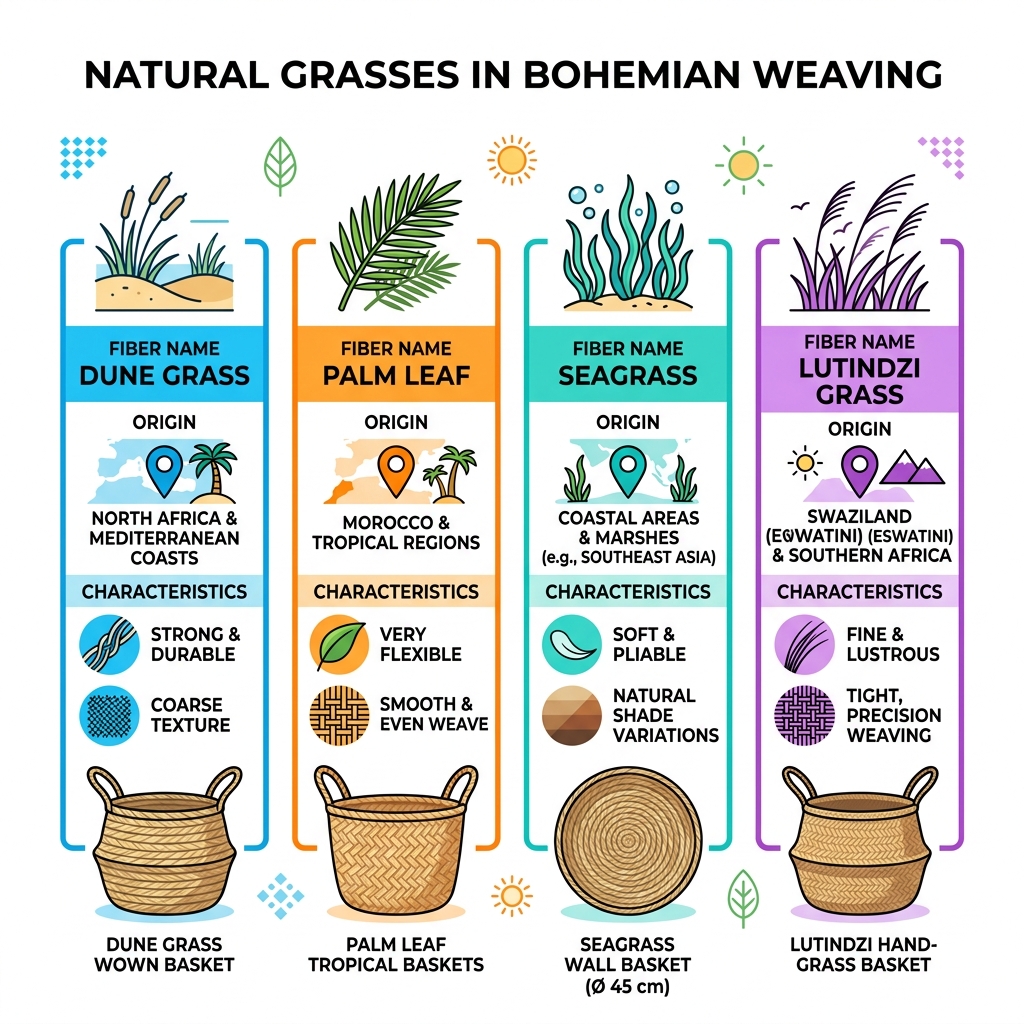 Types of natural grasses used in bohemian weaving with fiber names, origins, and characteristics - bohemian dune grass