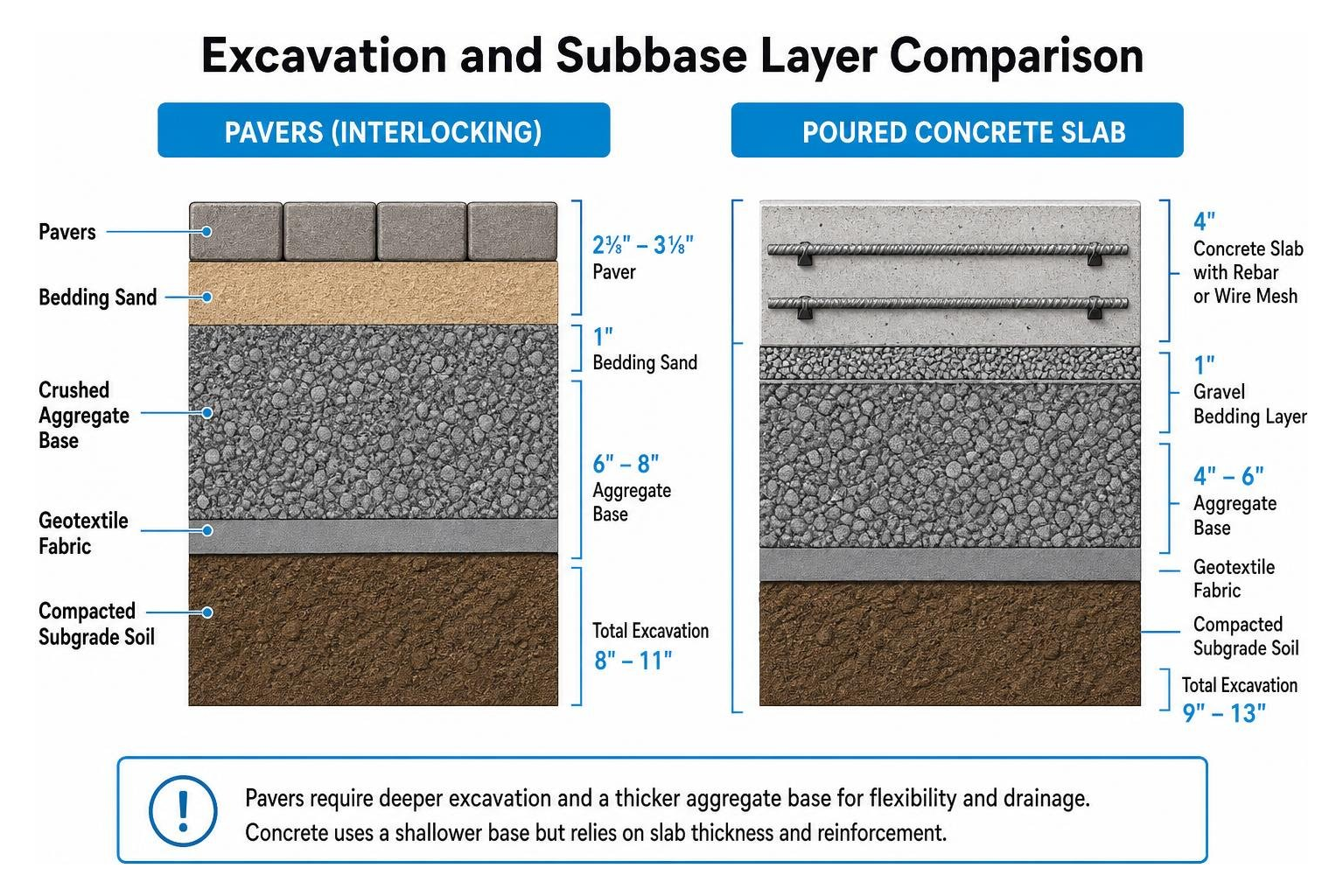 Excavation and subbase layer comparison between pavers and concrete Excavation and subbase layer comparison between pavers and concrete
