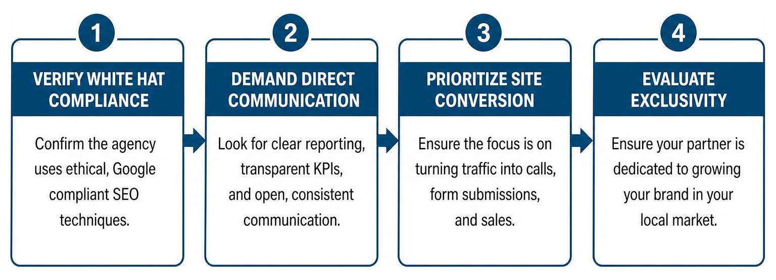 Four-step process for choosing an SEO agency: verify white hat compliance, demand direct communication, prioritize