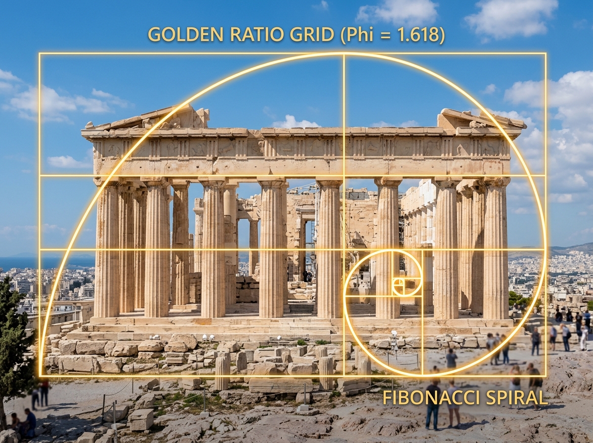 The Parthenon in Athens with geometric Golden Ratio overlays showing architectural harmony - golden ratio in photography