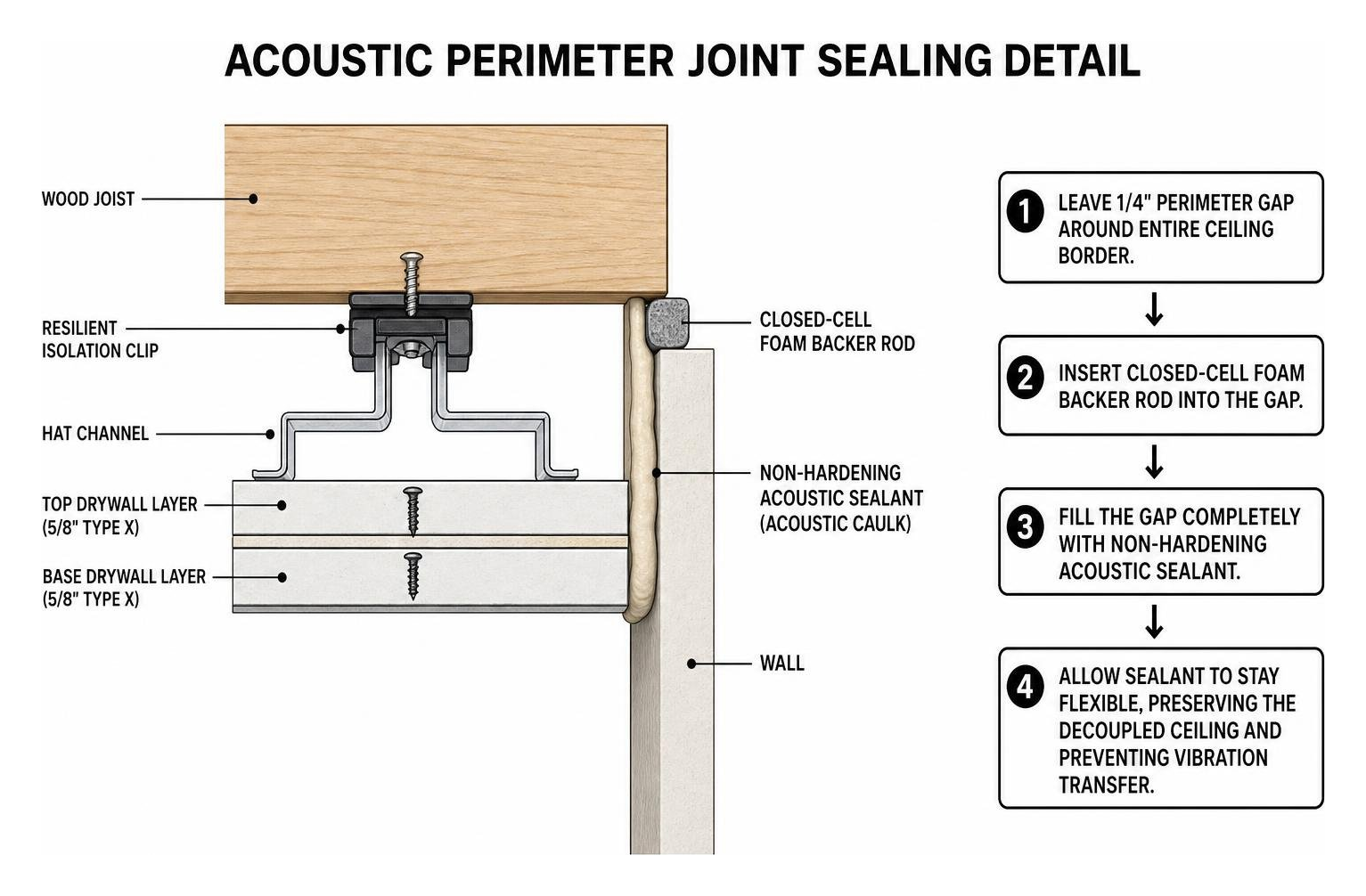 Acoustic perimeter joint sealing detail Acoustic perimeter joint sealing detail
