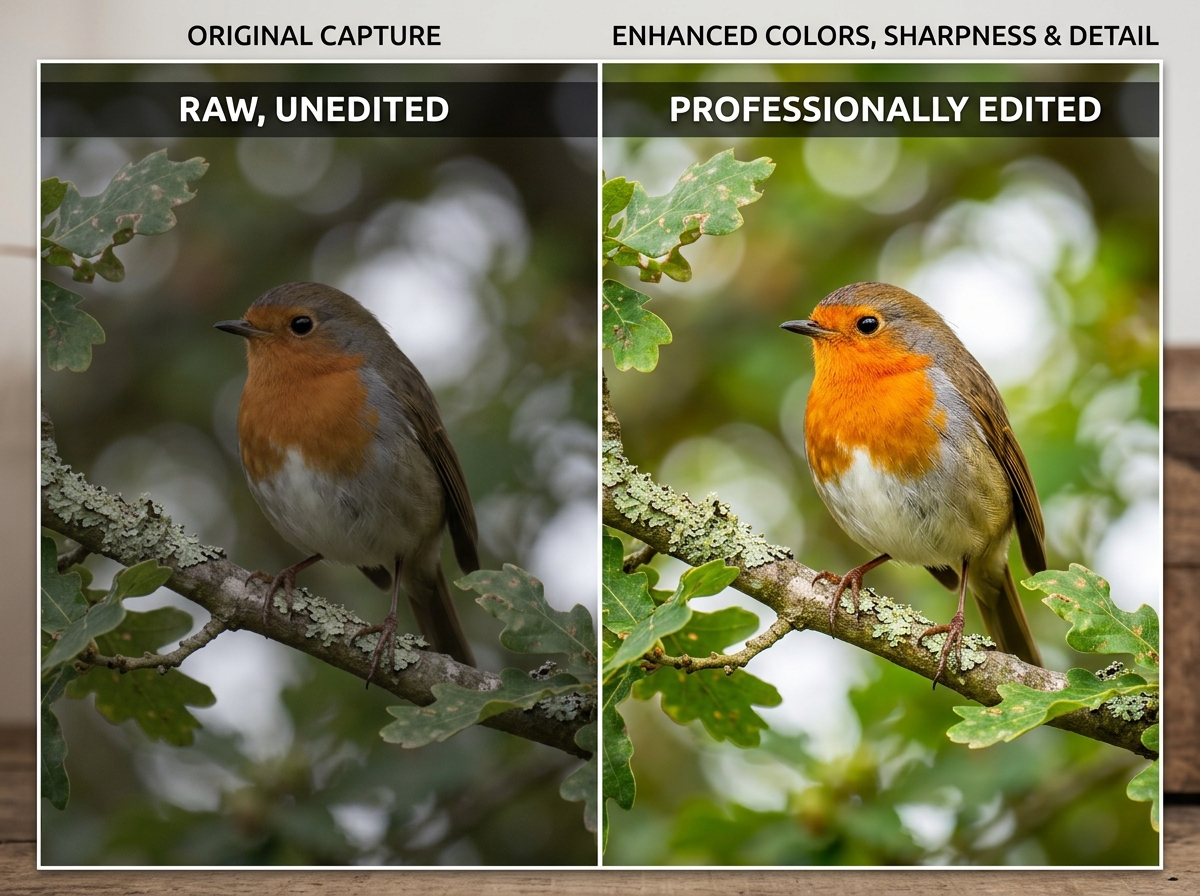 Side-by-side comparison of a raw bird photo versus a professionally edited version using presets - bird photography