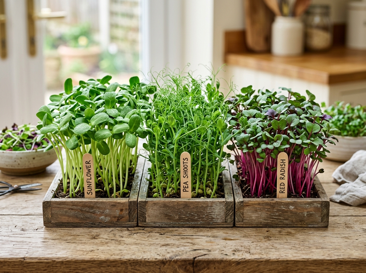 Various microgreen types including radish, pea shoots, and sunflower labeled by flavor profile - micro green salad