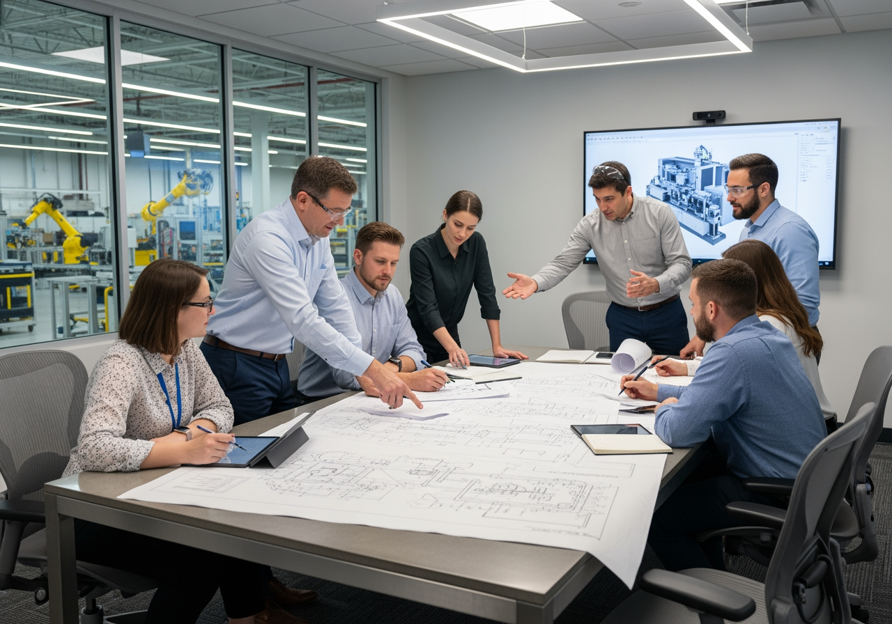 engineers collaborating on a machinery blueprint - shaker screener