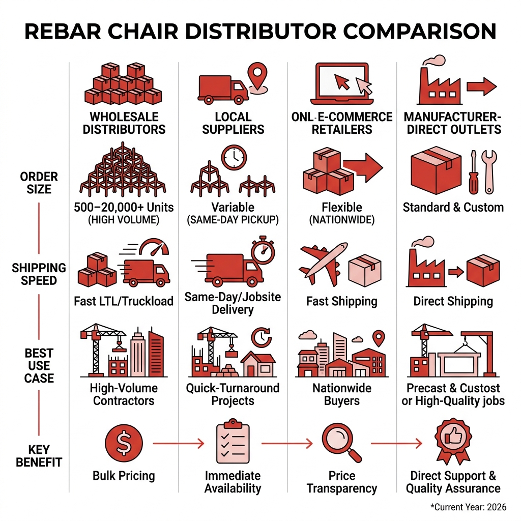 Infographic comparing rebar chair distributor types by order size, shipping speed, and best use case - rebar chair