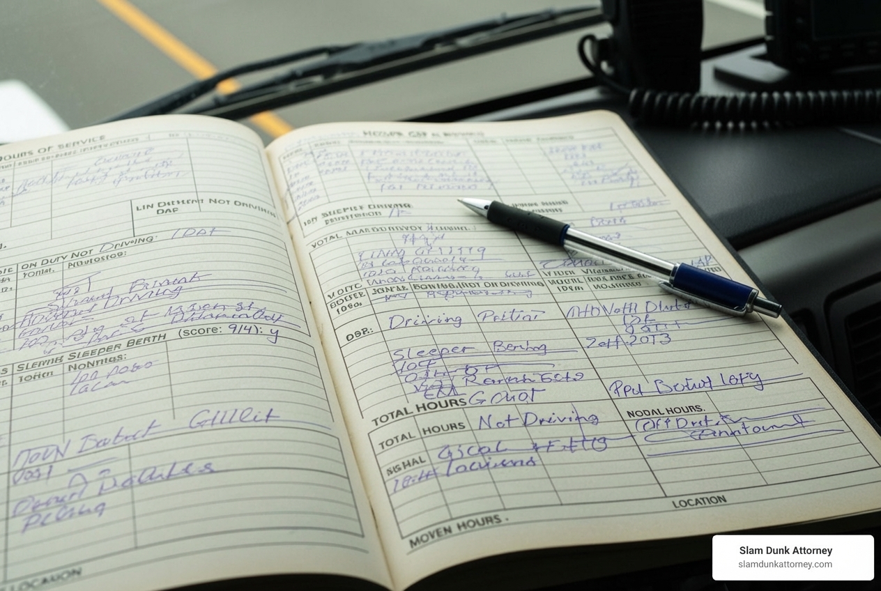 A truck driver's logbook with handwritten entries, symbolizing hours of service regulations in Georgia - truck accident lawsuit Georgia