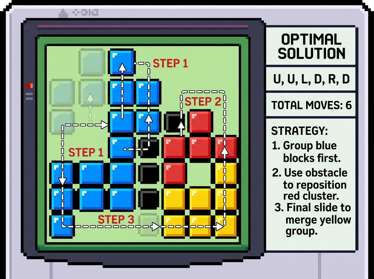 Denki Blocks optimal solution diagram showing minimal move counts - gbc puzzle speedruns guide Denki Blocks optimal solution diagram showing minimal move counts - gbc puzzle speedruns guide