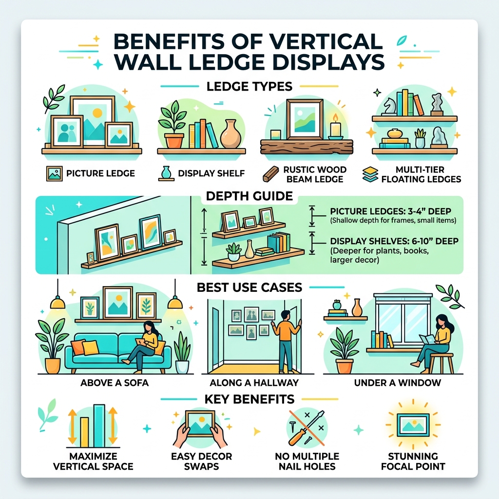 Benefits of vertical wall displays with ledge types, depth guide, and best use cases - living room wall ledge infographic Benefits of vertical wall displays with ledge types, depth guide, and best use cases - living room wall ledge infographic