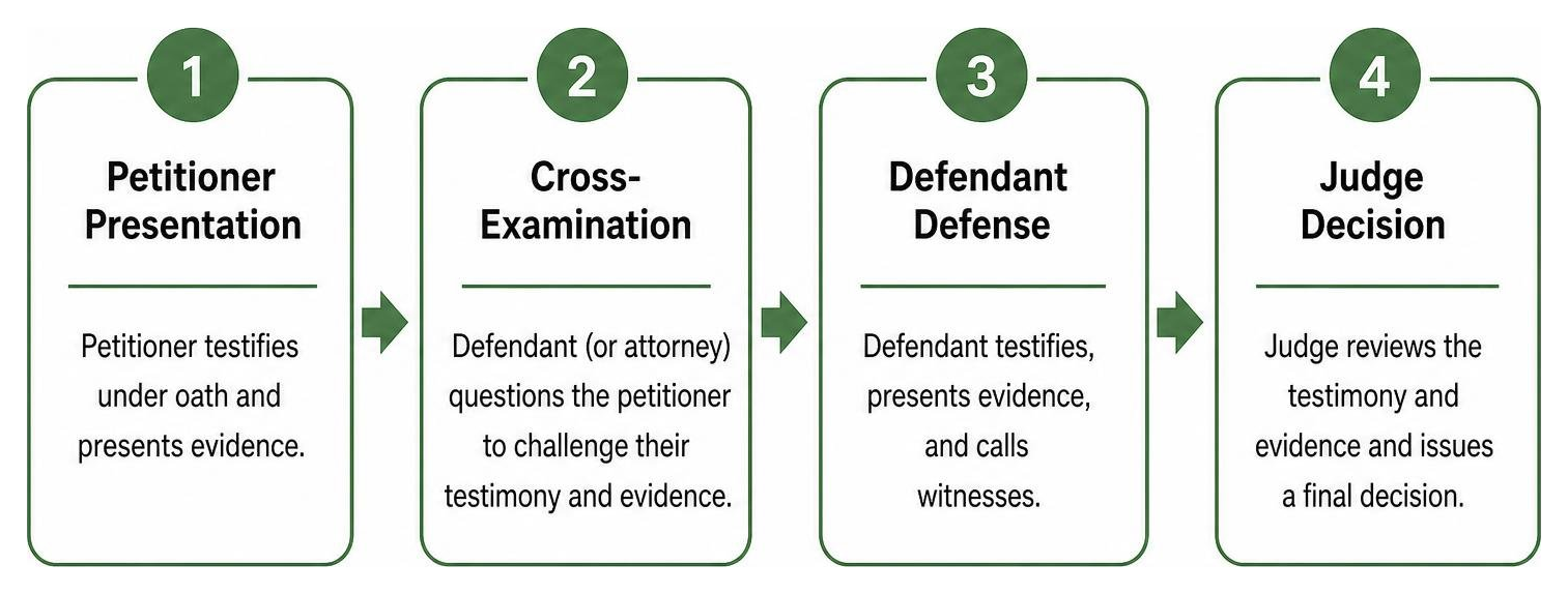Courtroom hearing flow showing petitioner presentation, cross-examination, defendant defense, and judge decision Courtroom hearing flow showing petitioner presentation, cross-examination, defendant defense, and judge decision