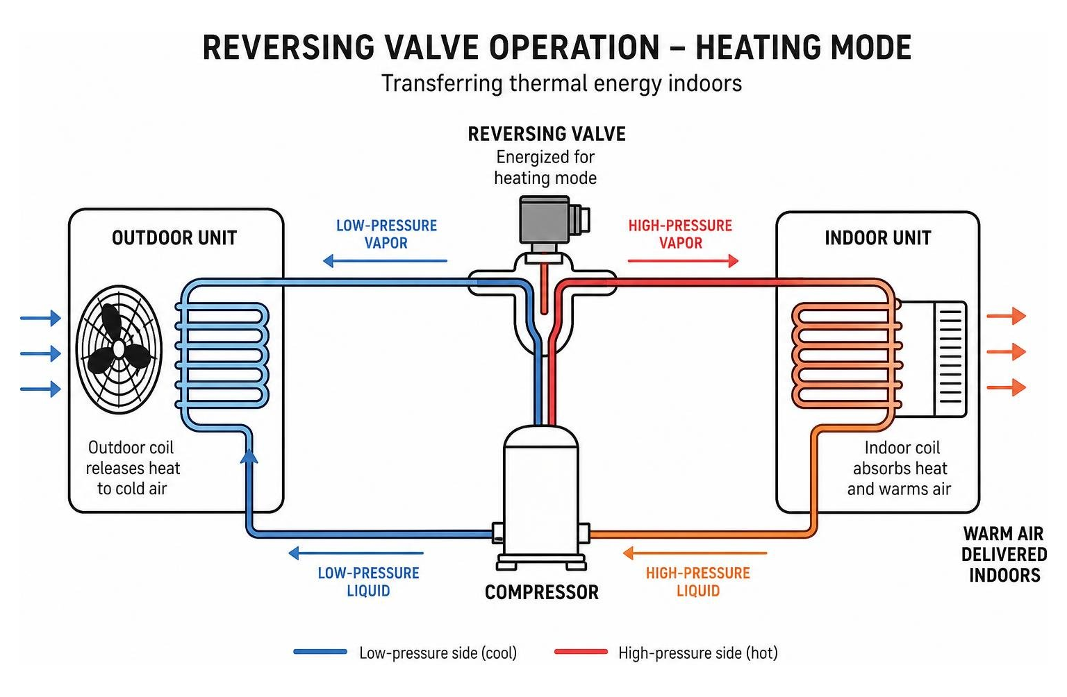 Reversing valve operation in heating mode transferring heat indoors